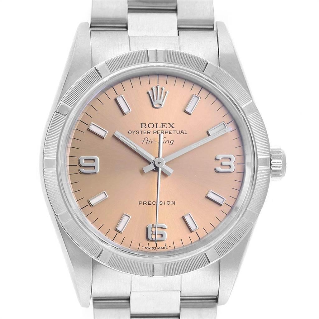 Rolex Air King 34 Salmon Dial Steel Mens Watch 14010. Automatic self-winding movement. Stainless steel case 34 mm in diameter. Rolex logo on a crown. Stainless steel engine turned bezel. Scratch resistant sapphire crystal. Blue dial with raised