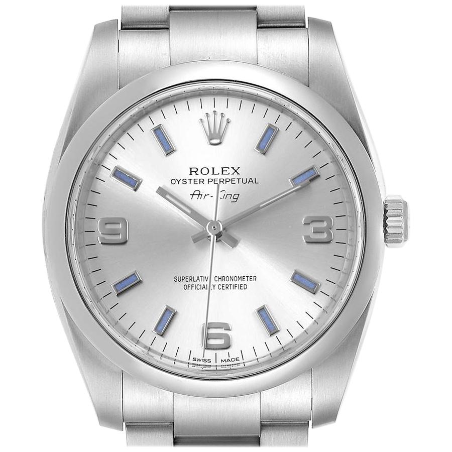 Rolex Air King 34 Silver Dial Blue Baton Hour Markers Steel Watch 114200 For Sale