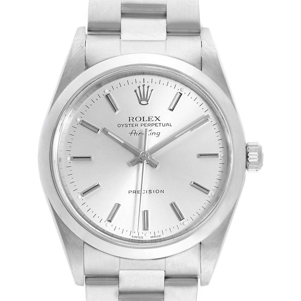 Rolex Air King 34 Silver Dial Domed Bezel Steel Mens Watch 14000. Automatic self-winding movement. Stainless steel case 34.0 mm in diameter. Rolex logo on a crown. Stainless steel smooth domed bezel. Scratch resistant sapphire crystal. Silver dial