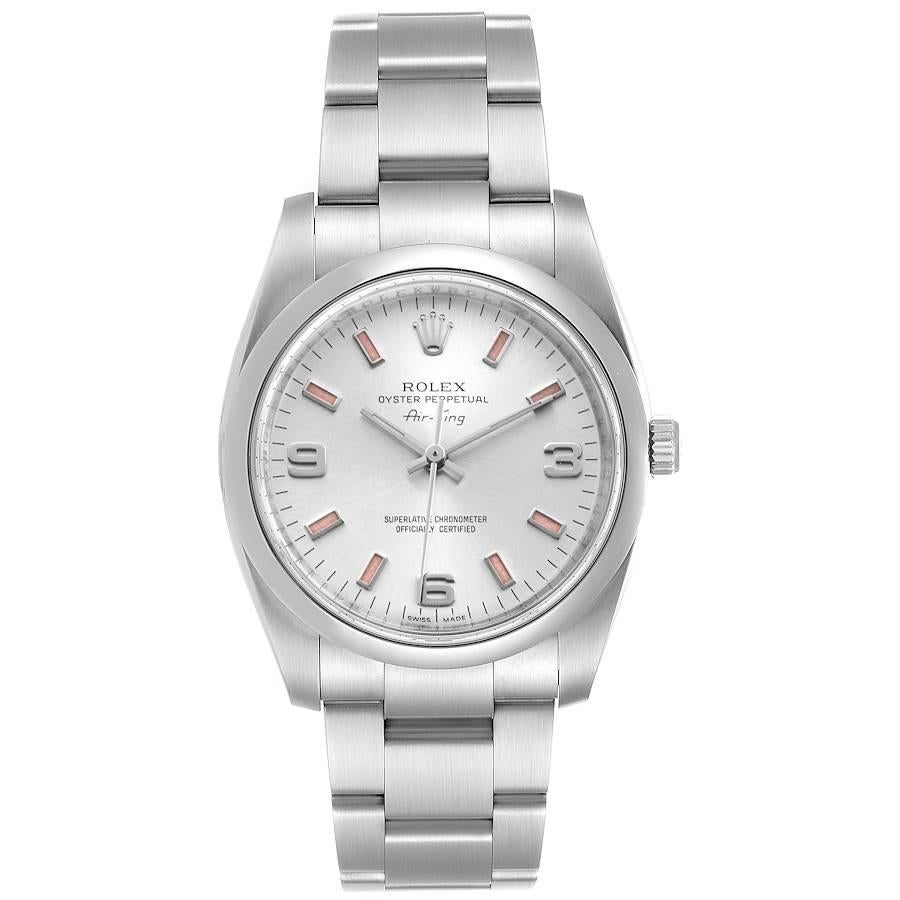 Rolex Air King 34 Silver Dial Pink Baton Hour Markers Steel Watch 114200. Officially certified chronometer self-winding movement. Stainless steel case 34.0 mm in diameter. Rolex logo on a crown. Stainless steel smooth domed bezel. Scratch resistant