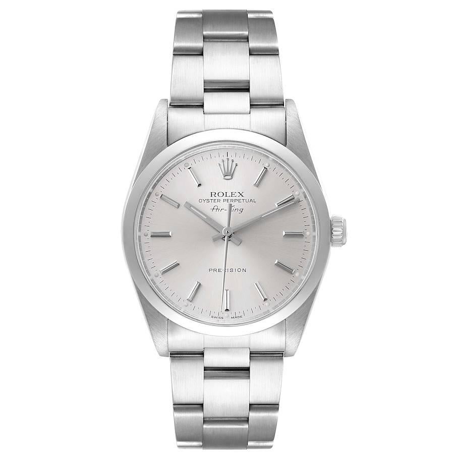 Rolex Air King 34 Silver Dial Smooth Bezel Steel Mens Watch 14000 Box Service Card. Automatic self-winding movement. Stainless steel case 34 mm in diameter. Rolex logo on the crown. Stainless steel smooth domed bezel. Scratch resistant sapphire