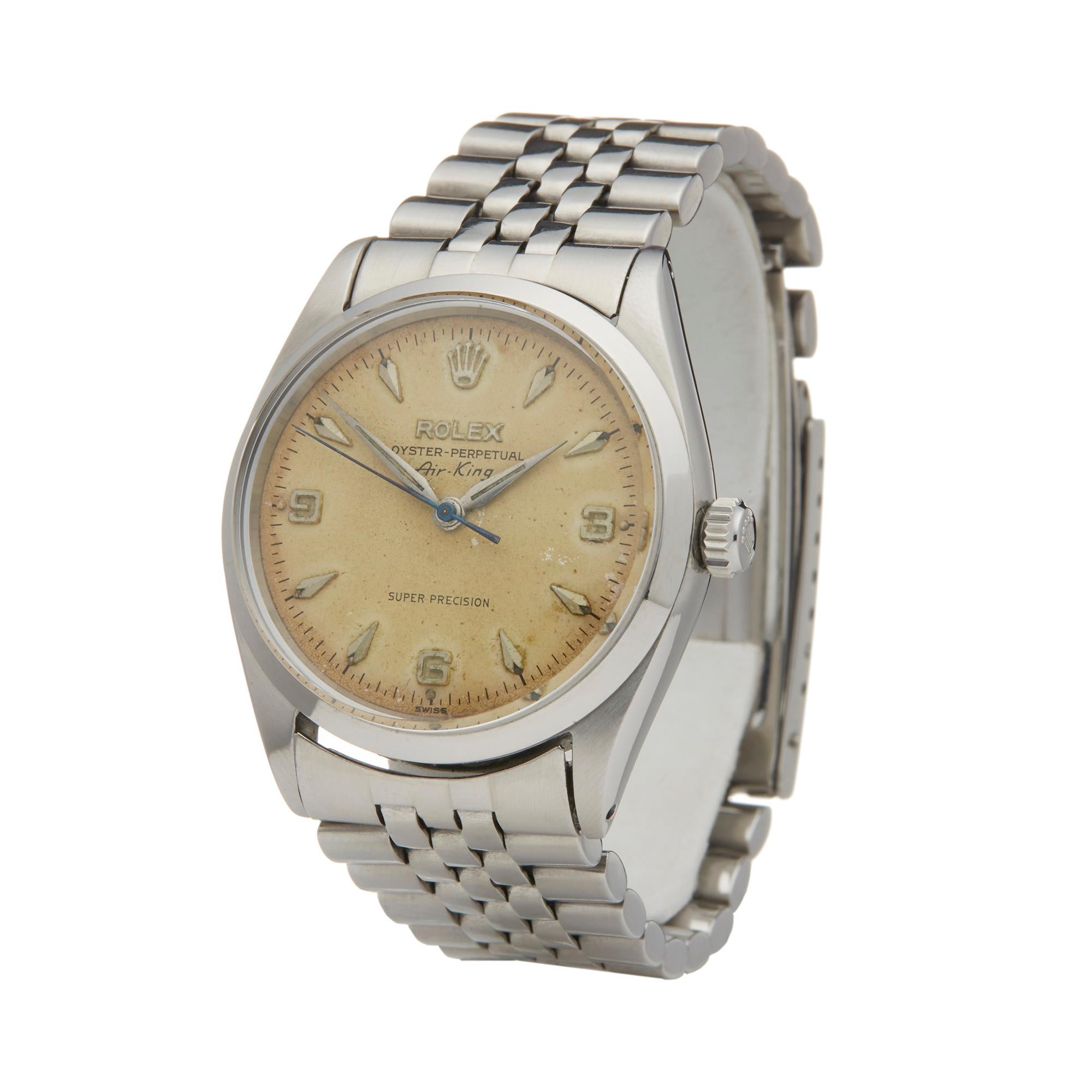Reference: W6121
Manufacturer: Rolex
Model: Air King
Model Reference: 5500
Age: Circa 1958
Gender: Men's
Box and Papers: Box, Service Papers dated 23rd November 2018, Swing tag and Original Invoice
Dial: Brown Arabic
Glass: Plexiglass
Movement: