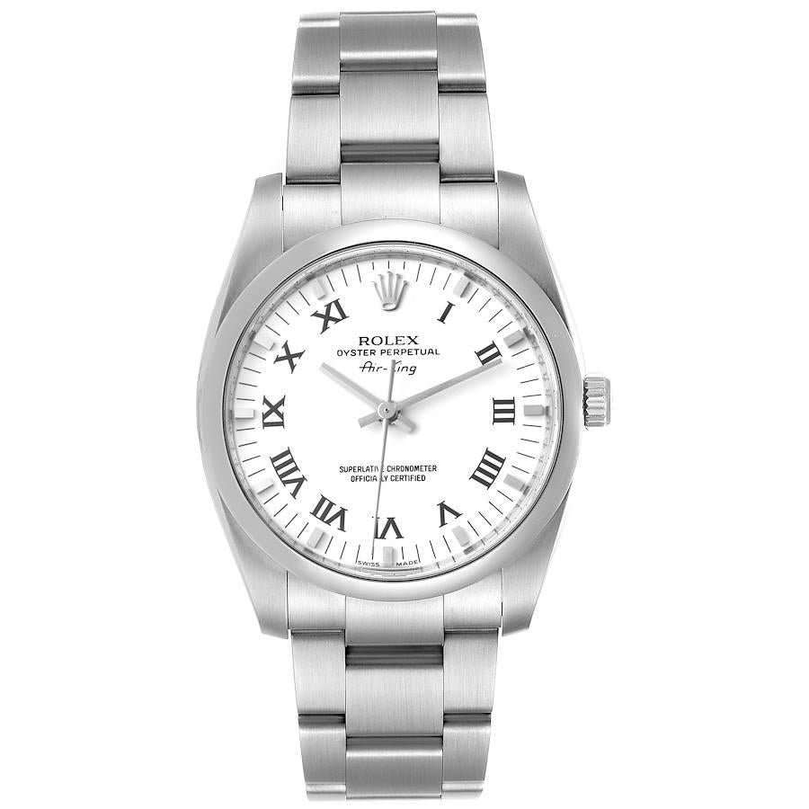 Rolex Air King 34 Weißes Römisches Zifferblatt Gewölbte Lünette Stahl Herrenuhr 114200. Offiziell zertifiziertes Chronometerwerk mit automatischem Aufzug. Gehäuse aus Edelstahl mit einem Durchmesser von 34.0 mm. Rolex Logo auf einer Krone. Glatte,