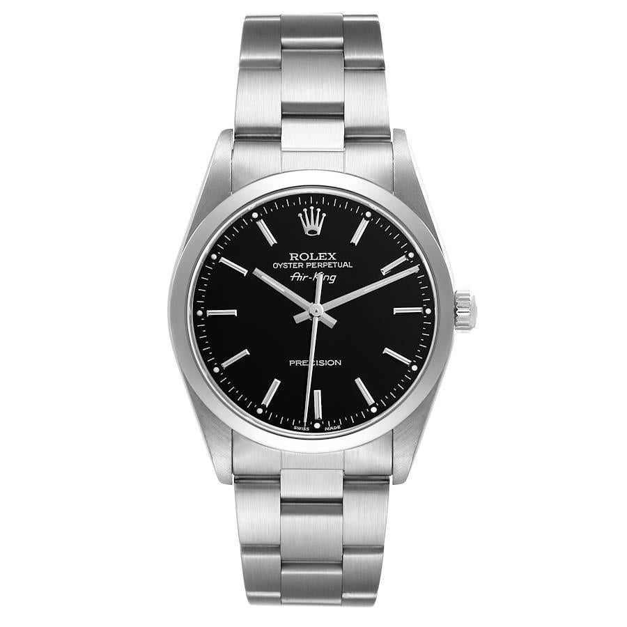 Rolex Air King 34mm Black Dial Smooth Bezel Steel Mens Watch 14000 Box Papers. Automatic self-winding movement. Stainless steel case 34 mm in diameter. Rolex logo on the crown. Stainless steel smooth bezel. Scratch resistant sapphire crystal. Black
