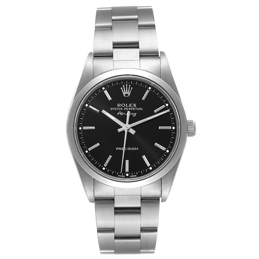 Rolex Air King 34mm Black Dial Smooth Bezel Steel Mens Watch 14000. Automatic self-winding movement. Stainless steel case 34 mm in diameter. Rolex logo on the crown. Stainless steel smooth bezel. Scratch resistant sapphire crystal. Black dial with