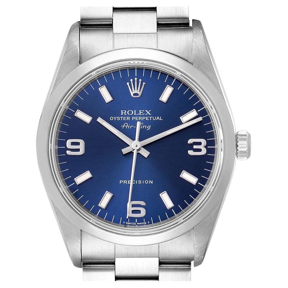 Rolex Air King 34mm Blue Dial Domed Bezel Steel Mens Watch 14000 Box Papers  at 1stDibs