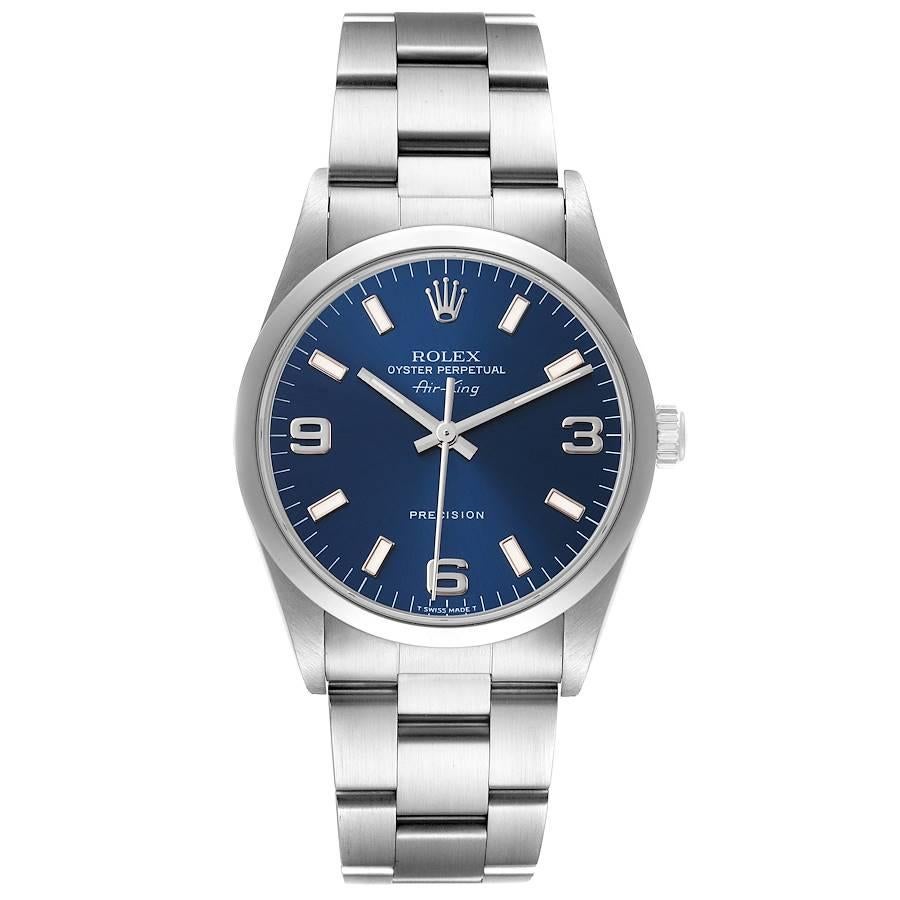 Rolex Air King 34mm Blue Dial Domed Bezel Steel Mens Watch 14000. Automatic self-winding movement. Stainless steel case 34 mm in diameter. Rolex logo on a crown. Stainless steel smooth domed bezel. Scratch resistant sapphire crystal. Blue dial with