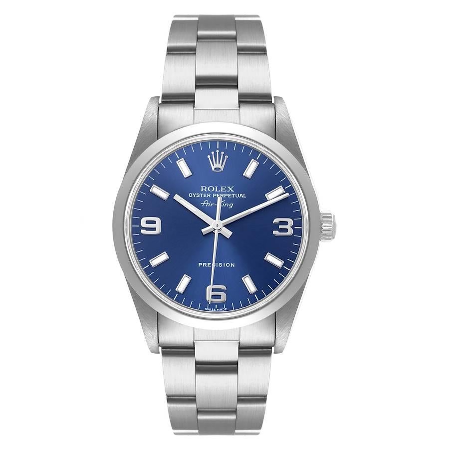 Rolex Air King 34mm Blue Dial Domed Lünette Stahl Herrenuhr 14000. Automatisches Uhrwerk mit Selbstaufzug. Gehäuse aus Edelstahl mit einem Durchmesser von 34 mm. Rolex-Logo auf einer Krone. Glatte, gewölbte Lünette aus Edelstahl. Kratzfestes