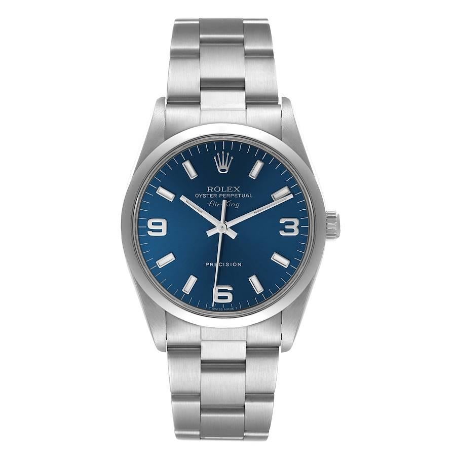 Rolex Air King 34mm Blue Dial Domed Bezel Steel Mens Watch 14000. Automatic self-winding movement. Stainless steel case 34 mm in diameter. Rolex logo on a crown. Stainless steel smooth domed bezel. Scratch resistant sapphire crystal. Blue dial with