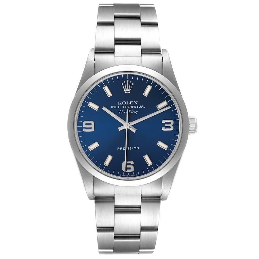 Rolex Air King 34mm Blau Zifferblatt gewölbte Lünette Stahl Herrenuhr 14000. Automatisches Uhrwerk mit Selbstaufzug. Gehäuse aus Edelstahl mit einem Durchmesser von 34 mm. Rolex Logo auf einer Krone. Glatte, gewölbte Lünette aus Edelstahl.