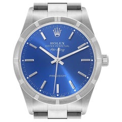 Rolex Air King Blue Dial Engine Turned Bezel Mens Watch 14010 Box Papers