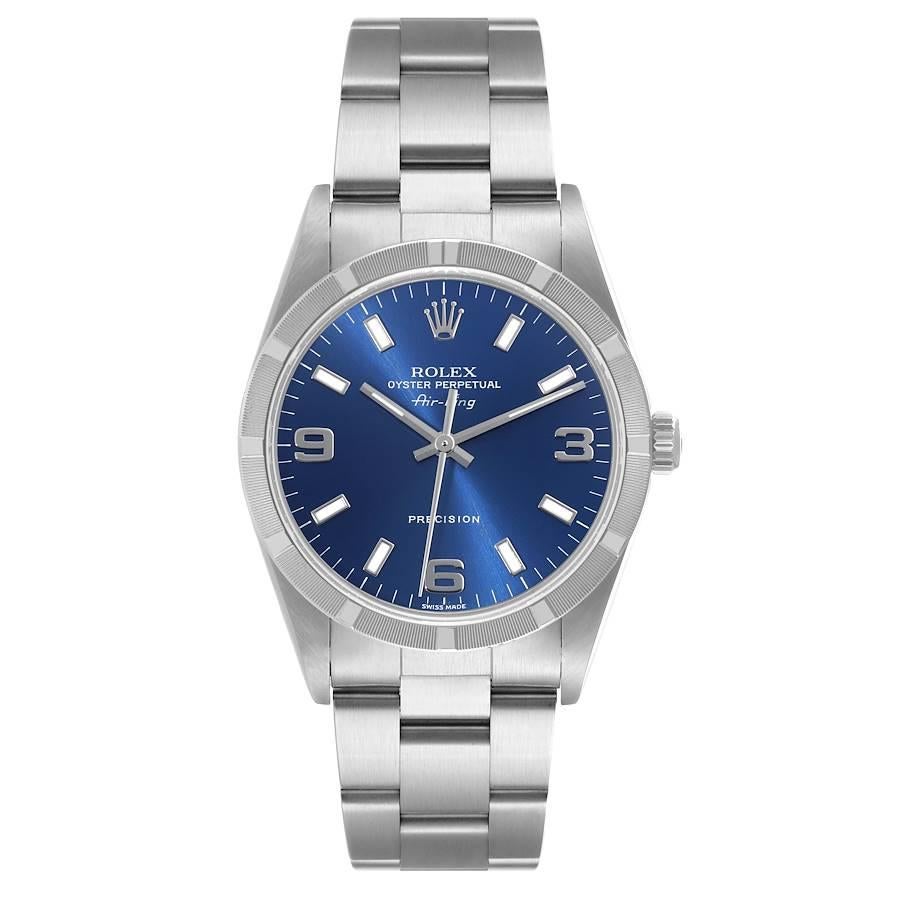 Rolex Air King 34mm Blue Dial Engine Turned Bezel Steel Mens Watch 14010. Automatic self-winding movement. Stainless steel case 34 mm in diameter. Rolex logo on the crown. Stainless steel engine turned bezel. Scratch resistant sapphire crystal. Blue