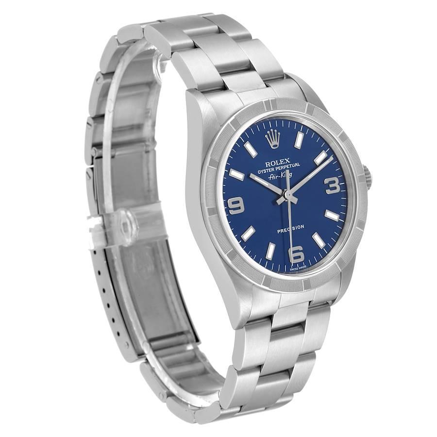 Rolex Air King 34mm Blue Dial Engine Turned Bezel Steel Mens Watch 14010 In Excellent Condition In Atlanta, GA