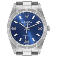 Rolex Air King 34mm Blue Dial Engine Turned Bezel Steel Mens Watch 14010