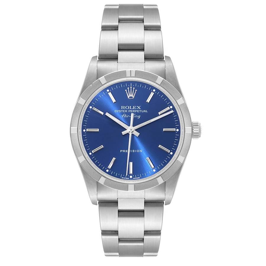 Rolex Air King 34mm Blue Dial Mens Watch 14010 Box Service Card. Automatic self-winding movement. Stainless steel case 34 mm in diameter. Rolex logo on the crown. Stainless steel engine turned bezel. Scratch resistant sapphire crystal. Blue dial