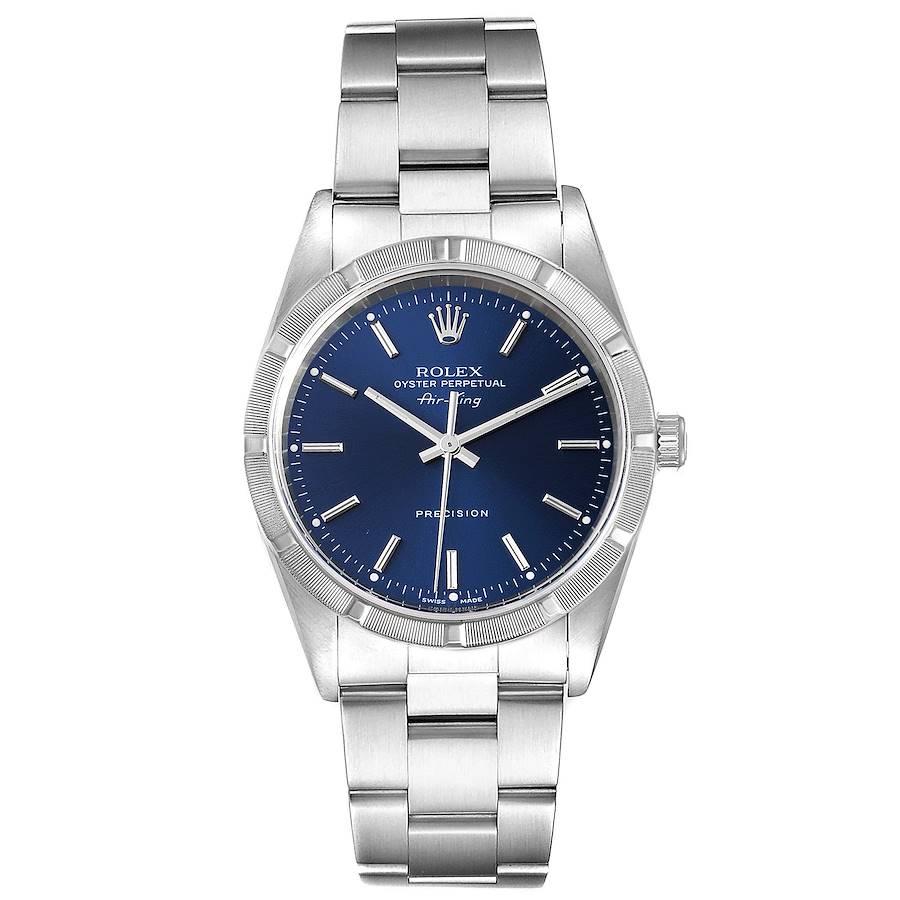 Rolex Air King 34mm Blue Dial Oyster Bracelet Mens Watch 14010. Automatic self-winding movement. Stainless steel case 34 mm in diameter. Rolex logo on a crown. Stainless steel engine turned bezel. Scratch resistant sapphire crystal. Blue dial with