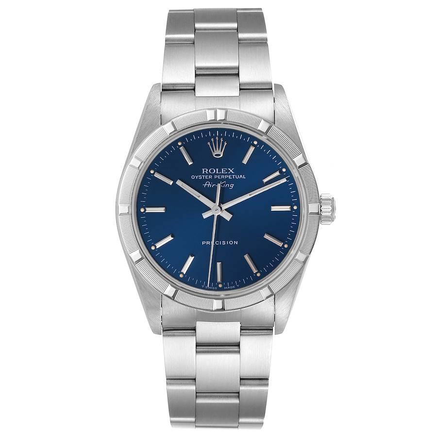 Rolex Air King 34mm Blue Dial Oyster Bracelet Mens Watch 14010. Automatic self-winding movement. Stainless steel case 34 mm in diameter. Rolex logo on a crown. Stainless steel engine turned bezel. Scratch resistant sapphire crystal. Blue dial with
