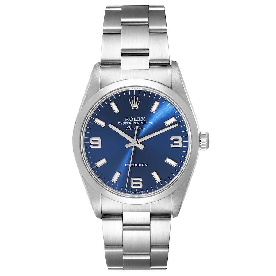 Rolex Air King 34mm Blue Dial Smooth Bezel Steel Mens Watch 14000 Box Papers. Automatic self-winding movement. Stainless steel case 34 mm in diameter. Rolex logo on the crown. Stainless steel smooth domed bezel. Scratch resistant sapphire crystal.