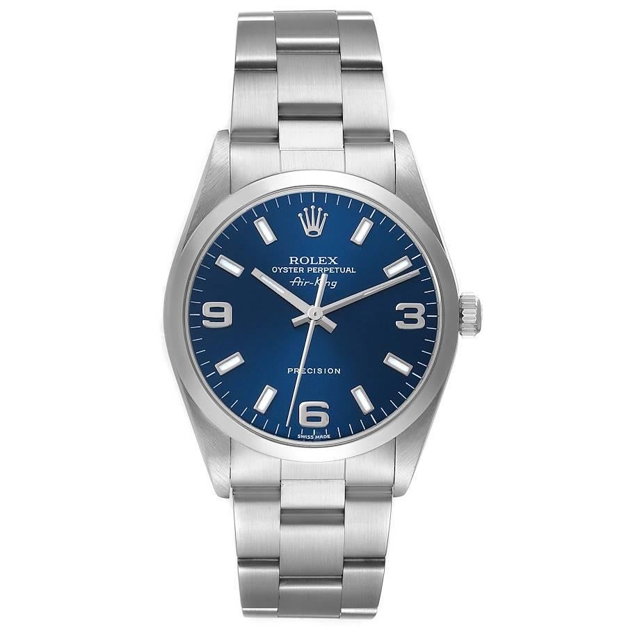 Rolex Air King 34mm Blue Dial Smooth Bezel Steel Mens Watch 14000. Automatic self-winding movement. Stainless steel case 34 mm in diameter. Rolex logo on the crown. Stainless steel smooth domed bezel. Scratch resistant sapphire crystal. Blue dial