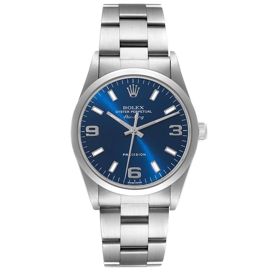 Rolex Air King 34mm Blue Dial Smooth Bezel Steel Mens Watch 14000. Automatic self-winding movement. Stainless steel case 34 mm in diameter. Rolex logo on the crown. Stainless steel smooth domed bezel. Scratch resistant sapphire crystal. Blue dial