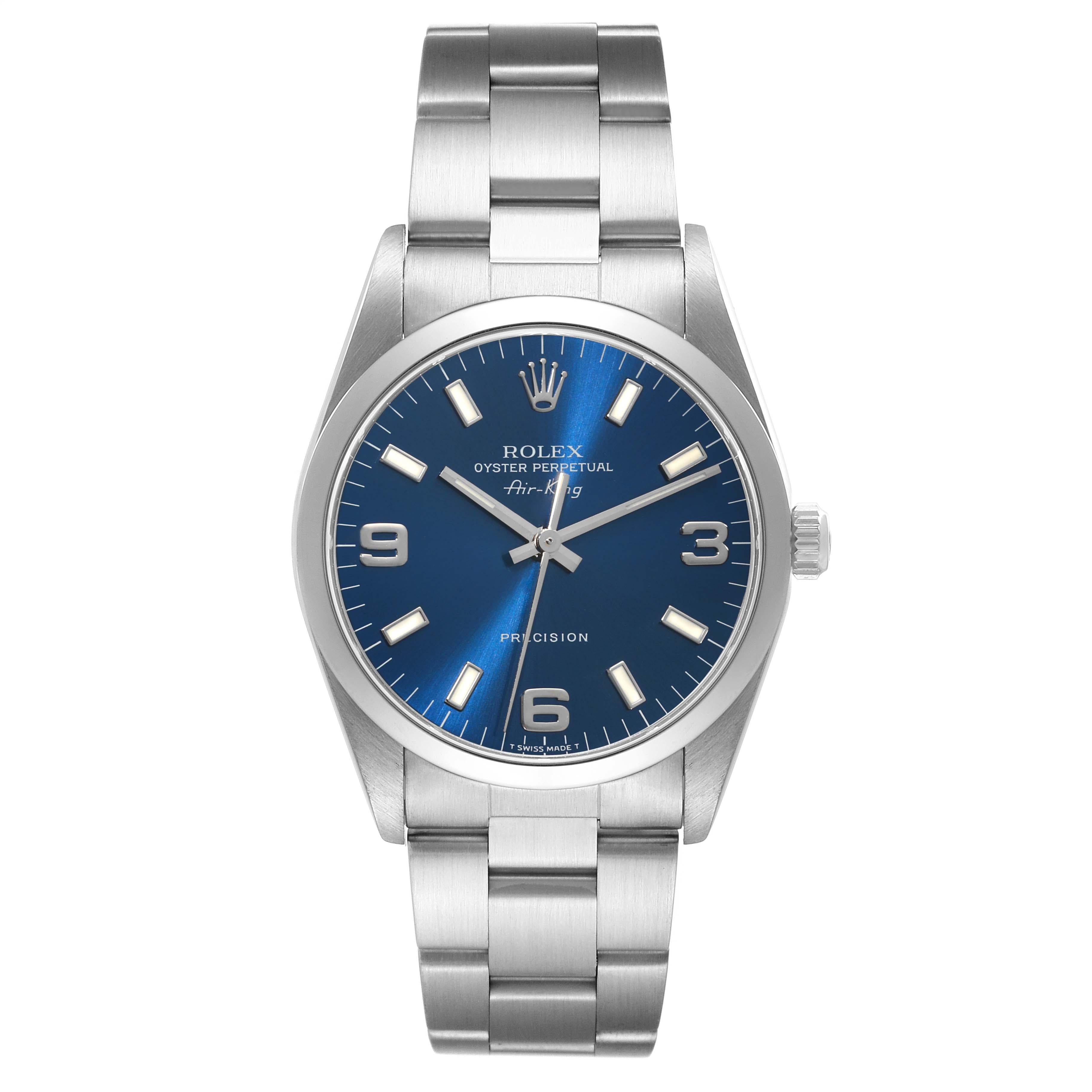 Rolex Air King 34mm Blue Dial Smooth Bezel Steel Mens Watch 14000. Automatic self-winding movement. Stainless steel case 34 mm in diameter. Rolex logo on the crown. Stainless steel smooth domed bezel. Scratch resistant sapphire crystal. Blue dial
