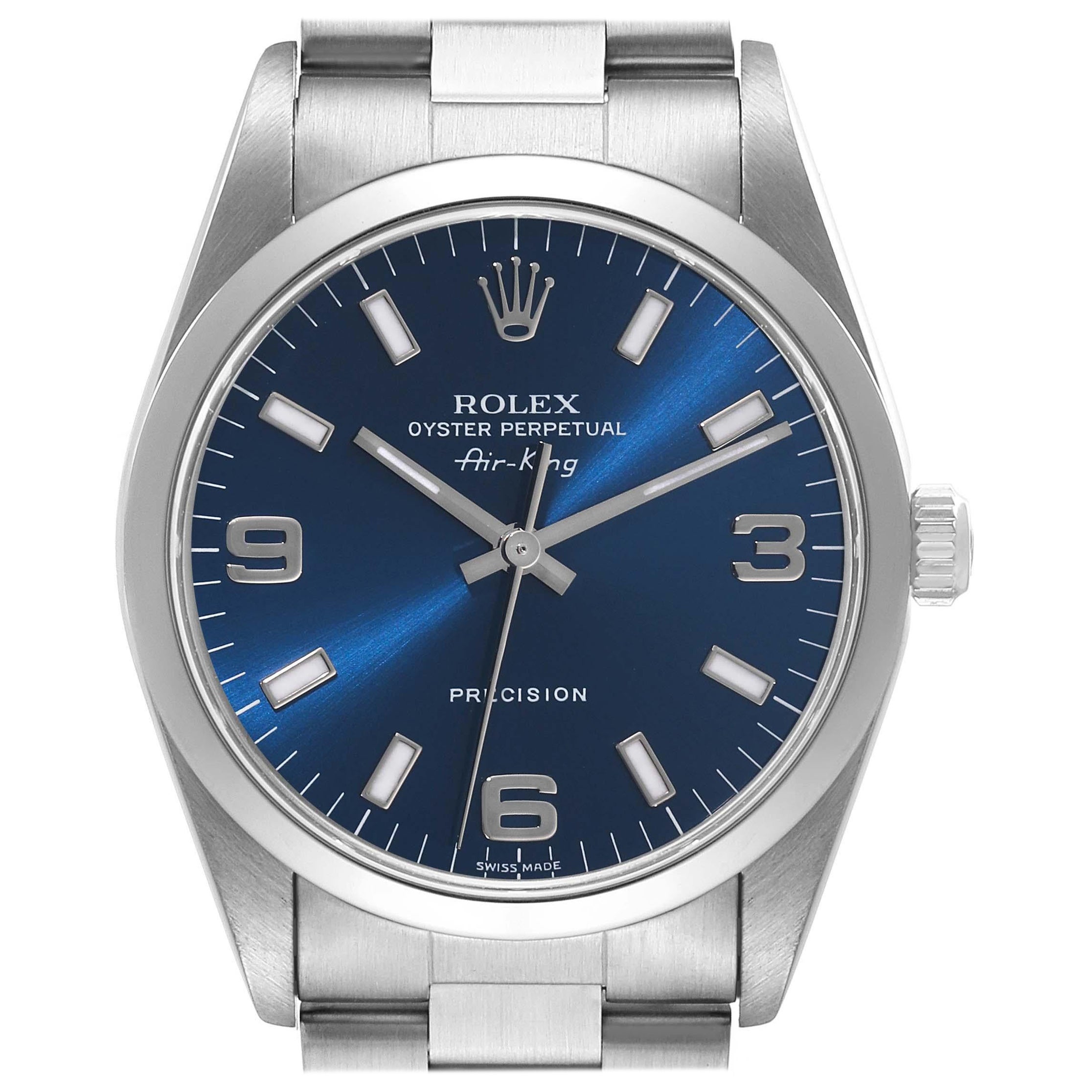 Rolex Air King 34mm Blue Dial Smooth Bezel Steel Mens Watch 14000