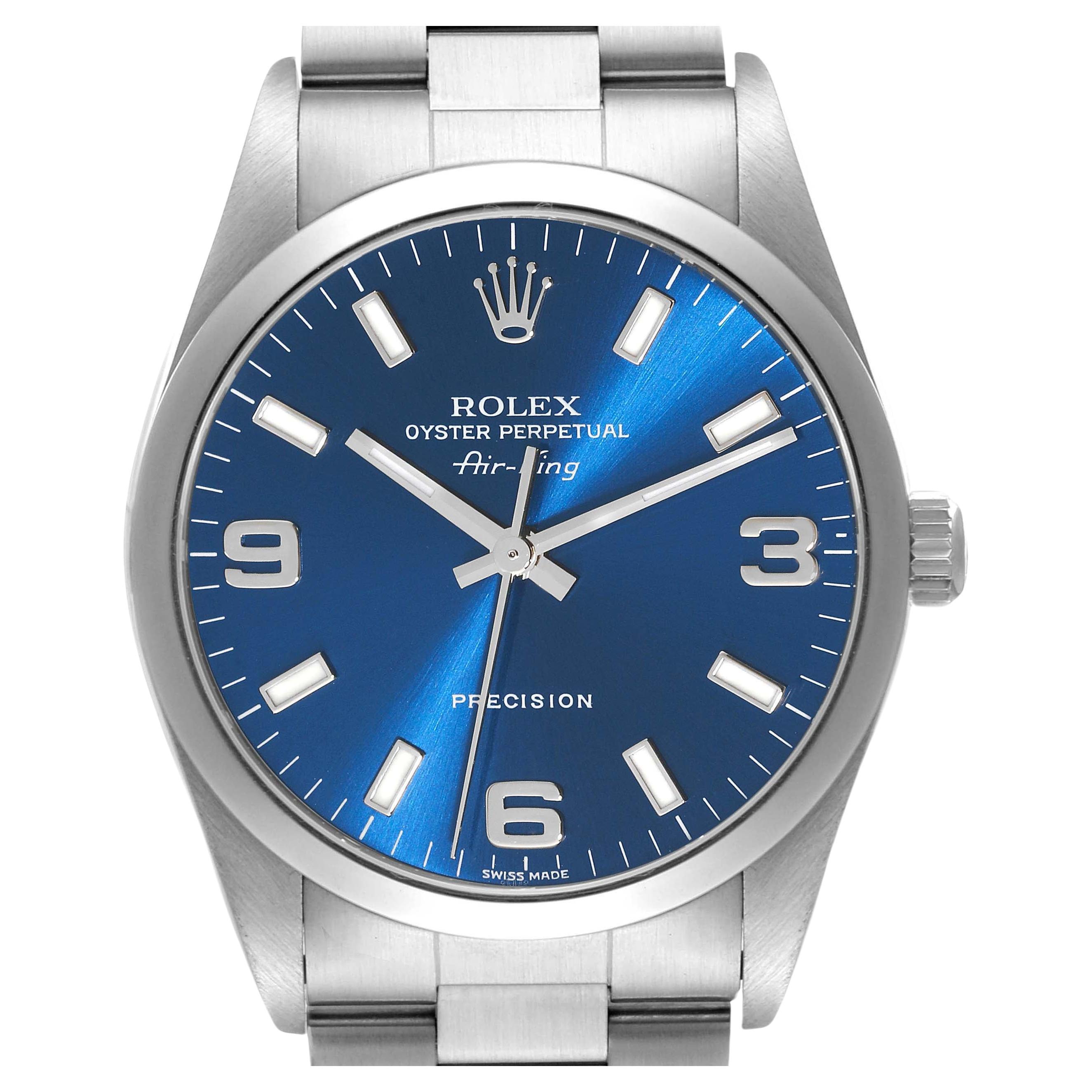 Rolex Air King 34mm Blue Dial Smooth Bezel Steel Mens Watch 14000