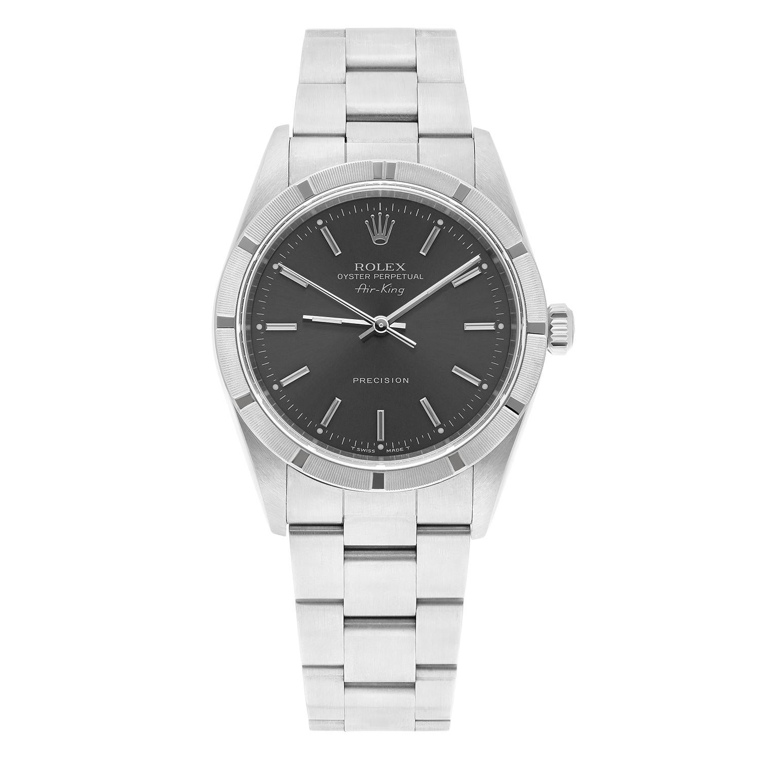 Rolex Air-King 34mm Grey Dial Stainless Steel Oyster Watch 14010 Circa 1991

This watch has been professionally polished, serviced and is in excellent overall condition. There are absolutely no visible scratches or blemishes. Authenticity