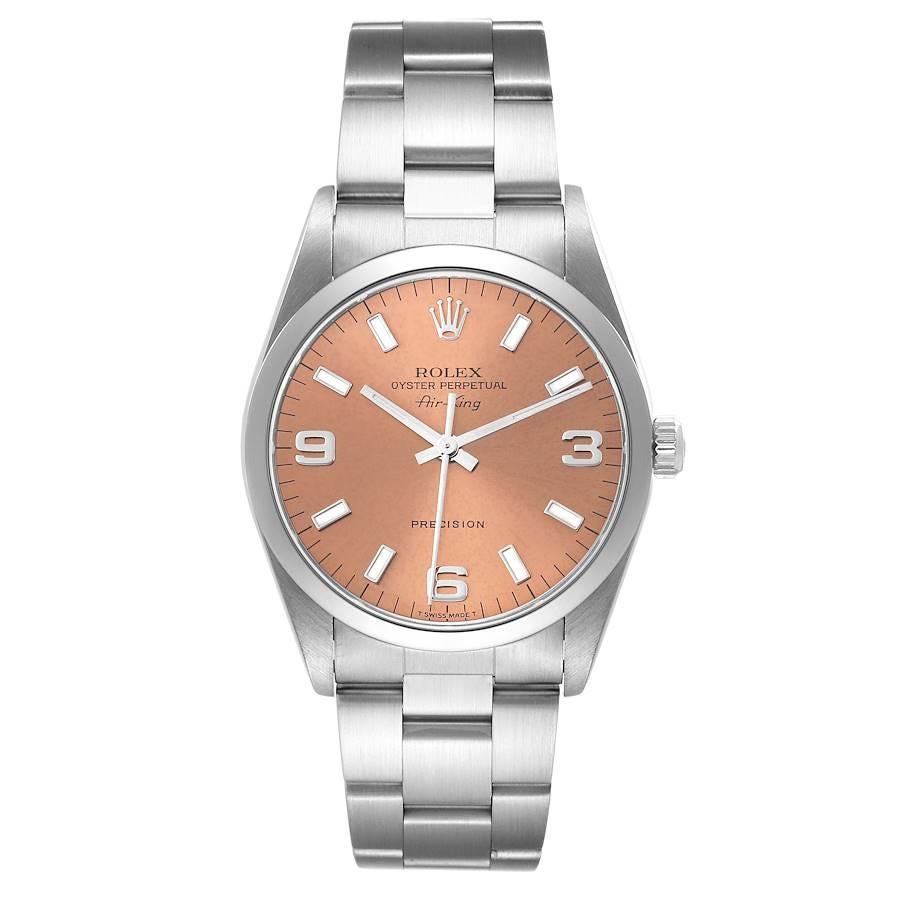 Rolex Air King 34mm Salmon Dial Smooth Bezel Steel Mens Watch 14000. Automatic self-winding movement. Stainless steel case 34 mm in diameter. Rolex logo on the crown. Stainless steel smooth bezel. Scratch resistant sapphire crystal. Salmon dial with