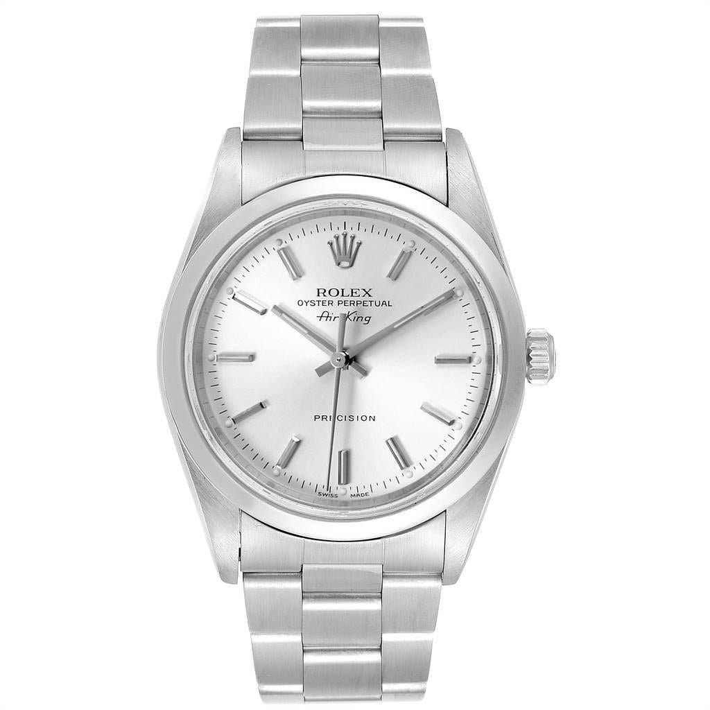 Rolex Air King 34mm Silver Dial Oyster Bracelet Steel Mens Watch 14000. Automatic self-winding movement. Stainless steel case 34.0 mm in diameter. Rolex logo on a crown. Stainless steel smooth domed bezel. Scratch resistant sapphire crystal. Silver