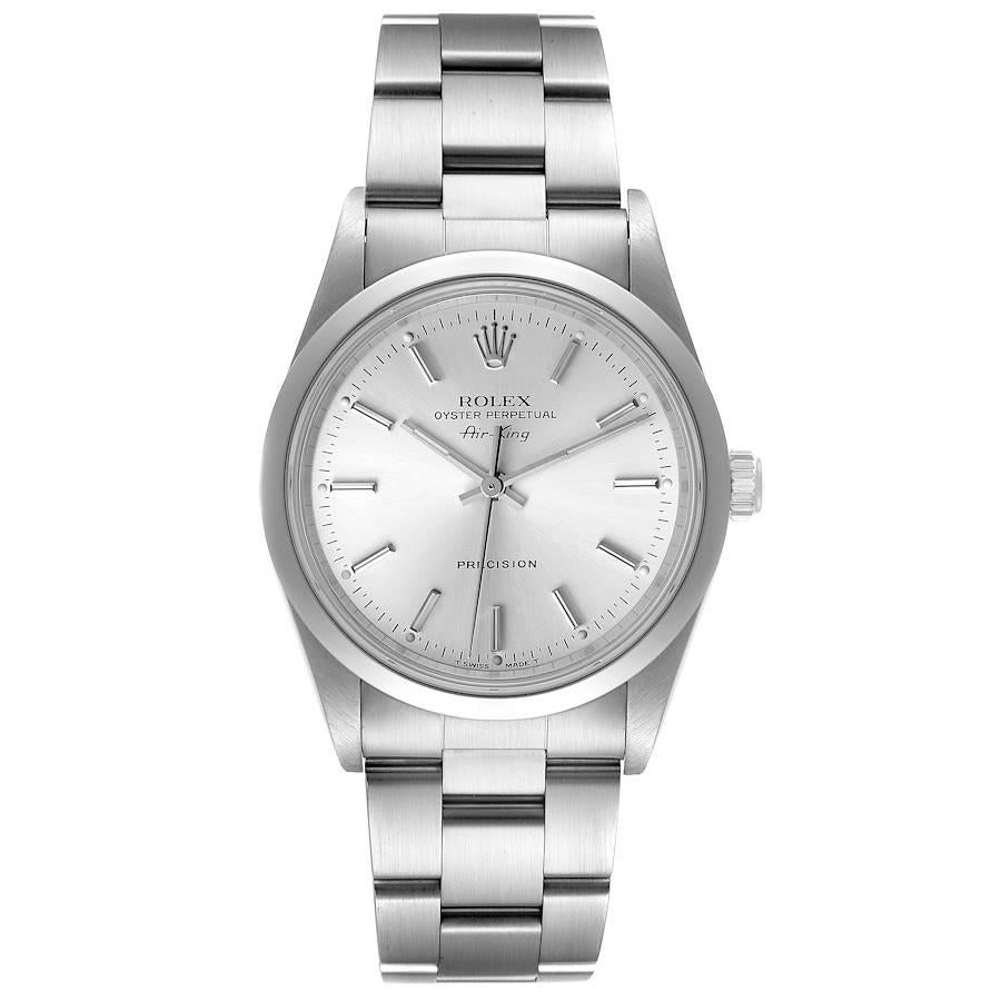 Rolex Air King 34mm Silver Dial Smooth Bezel Steel Mens Watch 14000 Box Papers. Automatic self-winding movement. Stainless steel case 34.0 mm in diameter. Rolex logo on a crown. Stainless steel smooth domed bezel. Scratch resistant sapphire crystal.