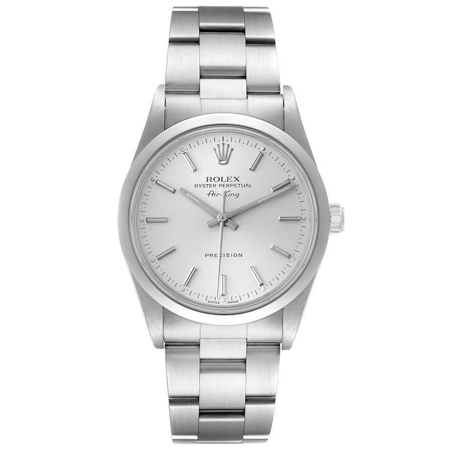 Rolex Air King 34mm Silver Dial Smooth Bezel Steel Mens Watch 14000 Box Papers. Automatic self-winding movement. Stainless steel case 34 mm in diameter. Rolex logo on the crown. Stainless steel smooth bezel. Scratch resistant sapphire crystal.