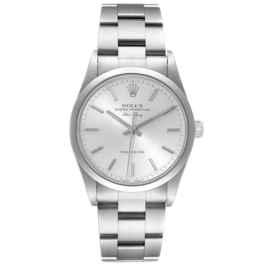 Rolex Air King 34mm Silver Dial Smooth Bezel Steel Mens Watch 14000 Box Papers. Automatic self-winding movement. Stainless steel case 34 mm in diameter. Rolex logo on the crown. Stainless steel smooth bezel. Scratch resistant sapphire crystal.