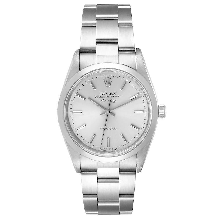 Rolex Air King 34mm Silver Dial Smooth Bezel Steel Mens Watch 14000. Automatic self-winding movement. Stainless steel case 34.0 mm in diameter. Rolex logo on a crown. Stainless steel smooth domed bezel. Scratch resistant sapphire crystal. Silver