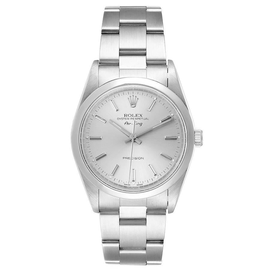 Rolex Air King 34mm Silver Dial Smooth Bezel Steel Mens Watch 14000. Automatic self-winding movement. Stainless steel case 34.0 mm in diameter. Rolex logo on a crown. Stainless steel smooth domed bezel. Scratch resistant sapphire crystal. Silver