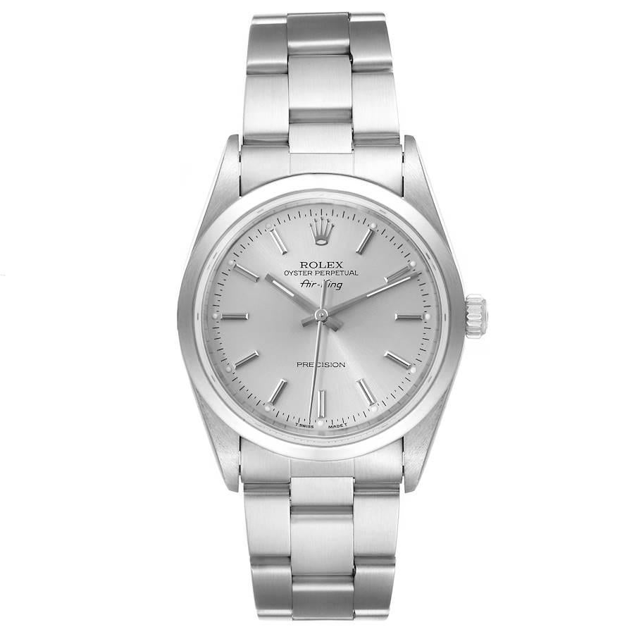 Rolex Air King 34mm Silver Dial Smooth Bezel Steel Mens Watch 14000. Automatic self-winding movement. Stainless steel case 34.0 mm in diameter. Rolex logo on a crown. Stainless steel smooth domed bezel. Scratch resistant sapphire crystal. Silver