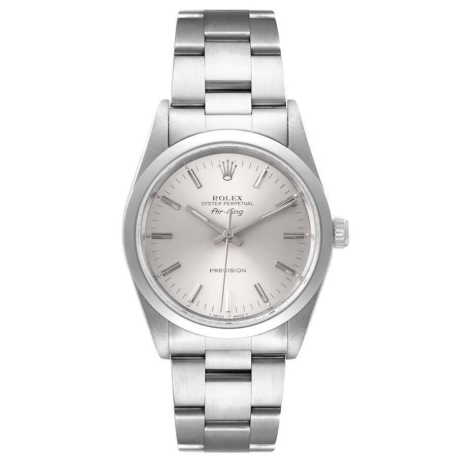 Rolex Air King 34mm Silber Zifferblatt glatte Lünette Stahl Herrenuhr 14000. Automatisches Uhrwerk mit Selbstaufzug. Gehäuse aus Edelstahl mit einem Durchmesser von 34,0 mm. Rolex-Logo auf einer Krone. Glatte, gewölbte Lünette aus Edelstahl.