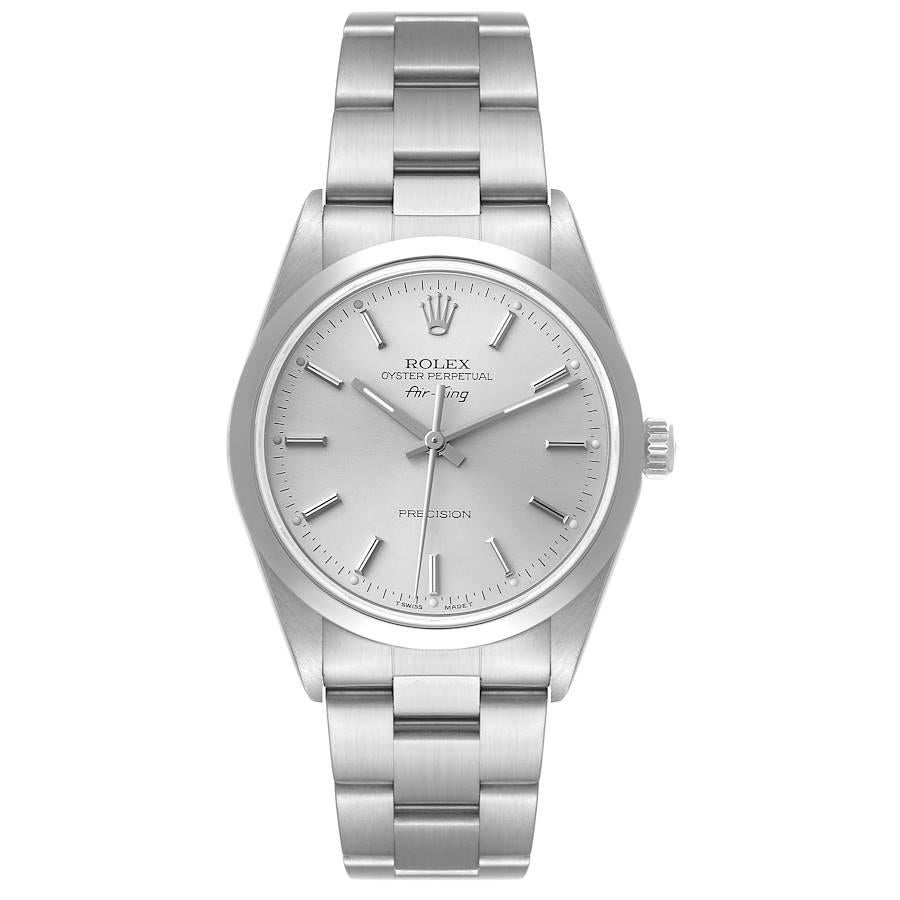 Rolex Air King 34mm Silver Dial Smooth Bezel Steel Mens Watch 14000. Automatic self-winding movement. Stainless steel case 34.0 mm in diameter. Rolex logo on the crown. Stainless steel smooth domed bezel. Scratch resistant sapphire crystal. Silver