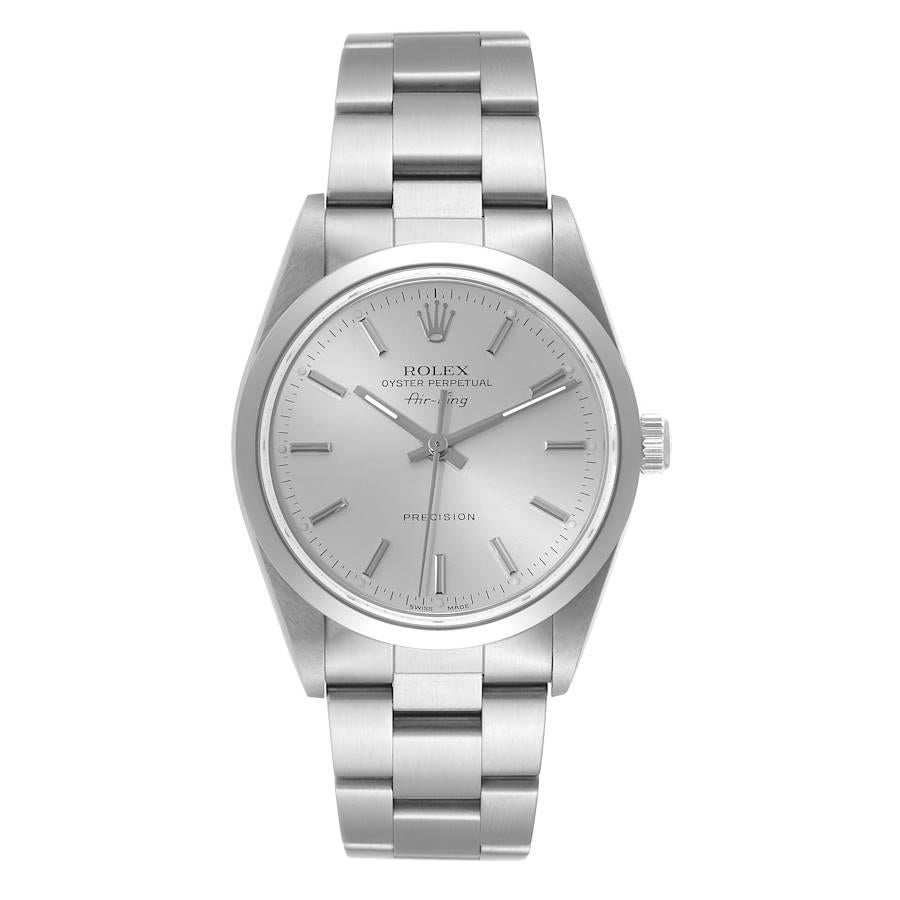Rolex Air King 34mm Silver Dial Smooth Bezel Steel Mens Watch 14000. Automatic self-winding movement. Stainless steel case 34 mm in diameter. Rolex logo on the crown. Stainless steel smooth bezel. Scratch resistant sapphire crystal. Silver dial with