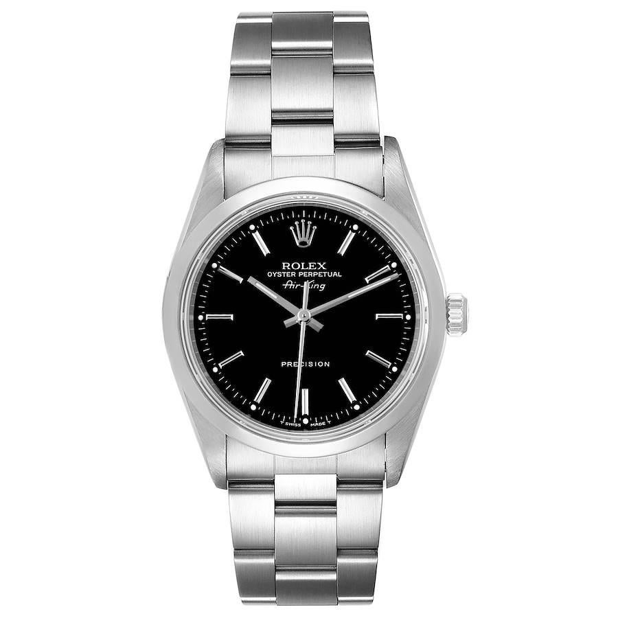 Rolex Air King 34mm Steel Black Dial Domed Bezel Mens Watch 14000 Box Papers. Automatic self-winding movement. Stainless steel case 34 mm in diameter. Rolex logo on a crown. Stainless steel smooth domed bezel. Scratch resistant sapphire crystal.