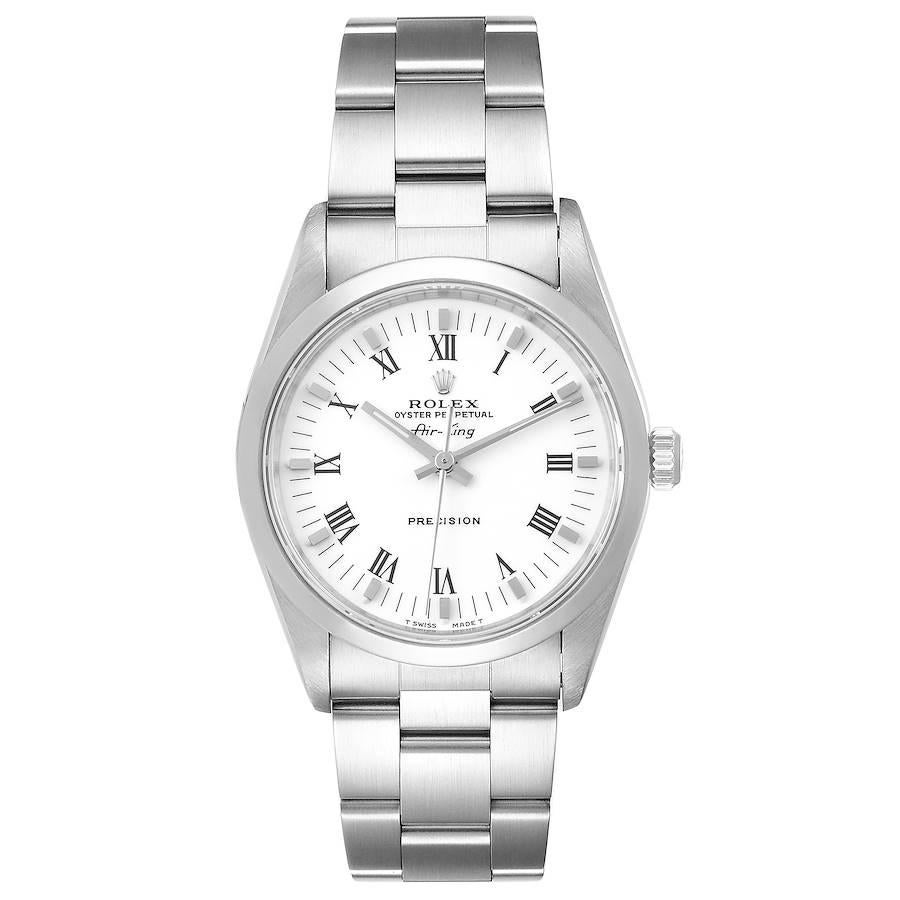 Rolex Air King 34mm White Dial Domed Bezel Mens Watch 14000 Box. Officially certified chronometer self-winding movement. Stainless steel case 34 mm in diameter. Rolex logo on a crown. Stainless steel smooth domed bezel. Scratch resistant sapphire