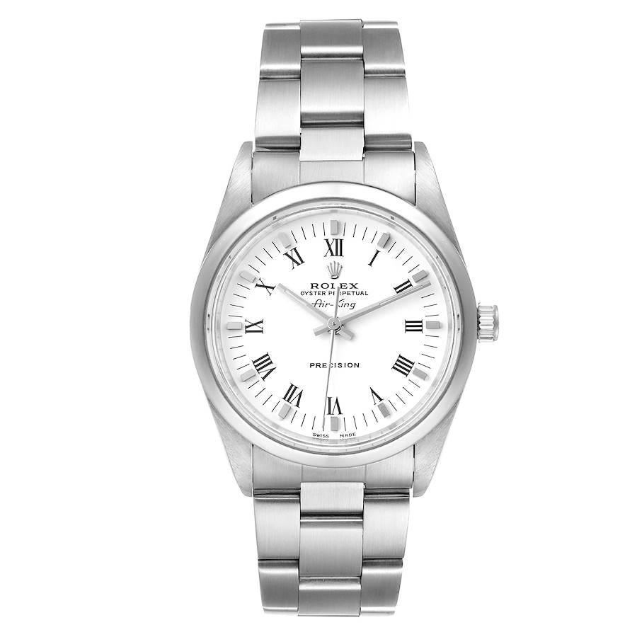 Rolex Air King 34mm White Dial Domed Bezel Mens Watch 14000 Box. Officially certified chronometer self-winding movement. Stainless steel case 34 mm in diameter. Rolex logo on a crown. Stainless steel smooth domed bezel. Scratch resistant sapphire