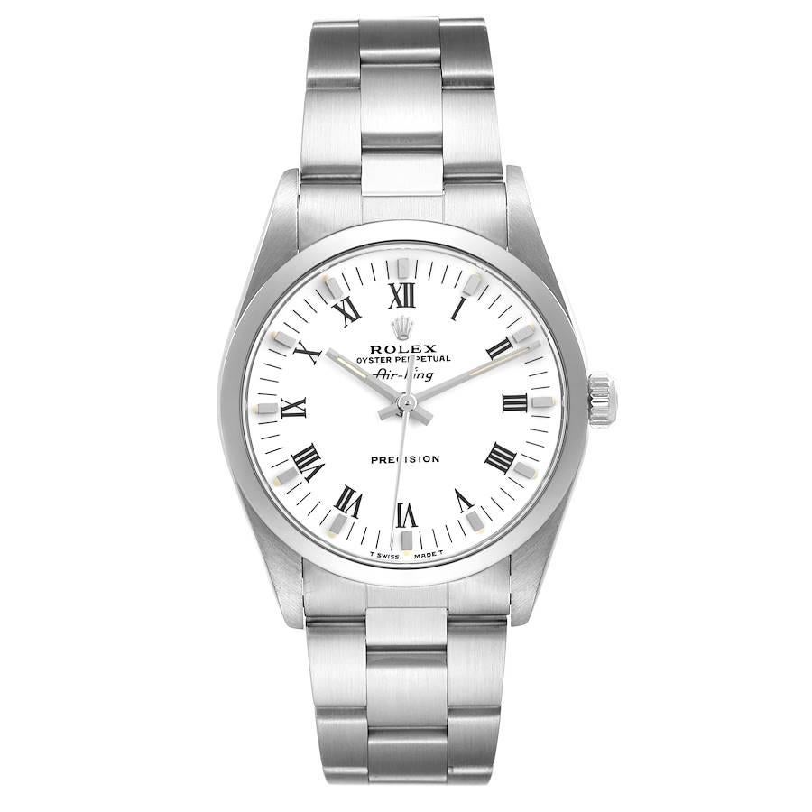 Rolex Air King 34mm White Dial Domed Bezel Mens Watch 14000. Officially certified chronometer self-winding movement. Stainless steel case 34 mm in diameter. Rolex logo on a crown. Stainless steel smooth domed bezel. Scratch resistant sapphire
