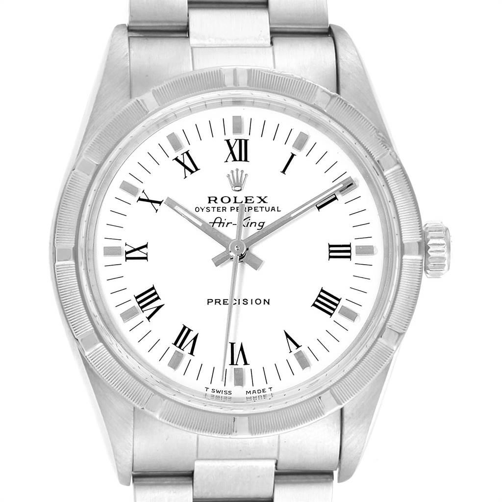 Rolex Air King 34mm White Dial Steel Mens Watch 14010 Box. Automatic self-winding movement. Stainless steel case 34.0 mm in diameter. Rolex logo on a crown. Stainless steel engine turned bezel. Scratch resistant sapphire crystal. White dial with