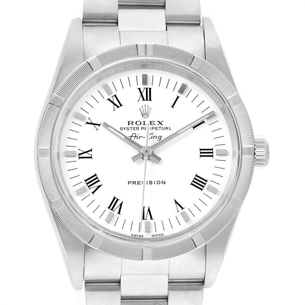Rolex Air King 34mm White Dial Steel Mens Watch 14010 Box. Automatic self-winding movement. Stainless steel case 34.0 mm in diameter. Rolex logo on a crown. Stainless steel engine turned bezel. Scratch resistant sapphire crystal. White dial with