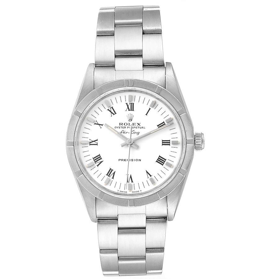 Rolex Air King 34mm White Dial Steel Mens Watch 14010 Box Papers. Automatic self-winding movement. Stainless steel case 34.0 mm in diameter. Rolex logo on a crown. Stainless steel engine turned bezel. Scratch resistant sapphire crystal. White dial