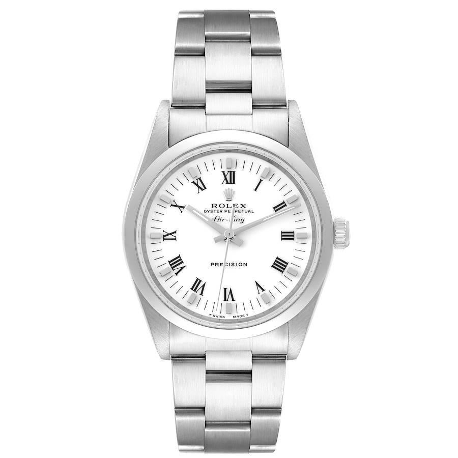 Rolex Air King 34mm White Roman Dial Domed Bezel Mens Watch 14000. Officially certified chronometer self-winding movement. Stainless steel case 34 mm in diameter. Rolex logo on a crown. Stainless steel smooth domed bezel. Scratch resistant sapphire
