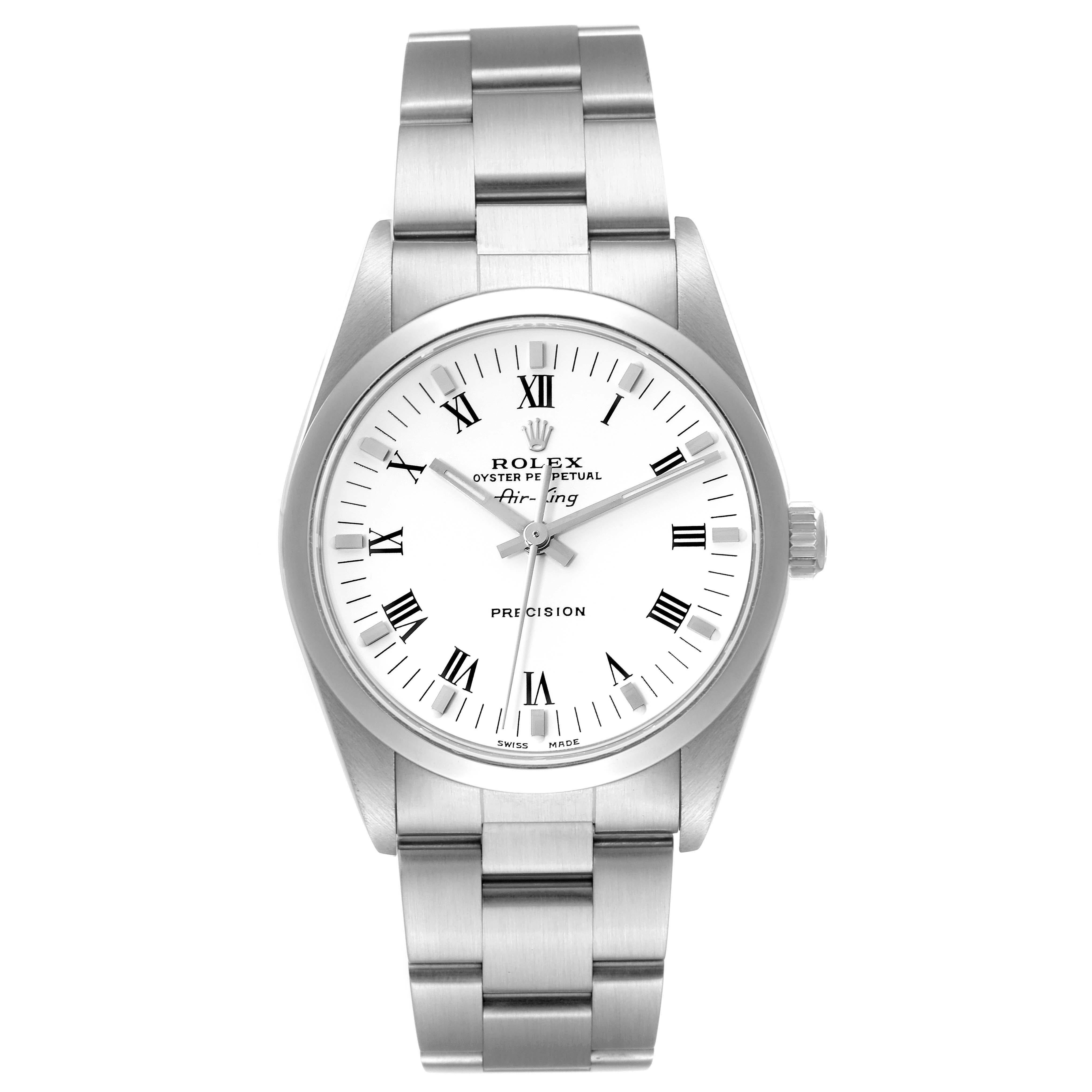 Rolex Air King 34mm White Roman Dial Domed Bezel Steel Mens Watch 14000. Officially certified chronometer self-winding movement. Stainless steel case 34 mm in diameter. Rolex logo on a crown. Stainless steel smooth domed bezel. Scratch resistant
