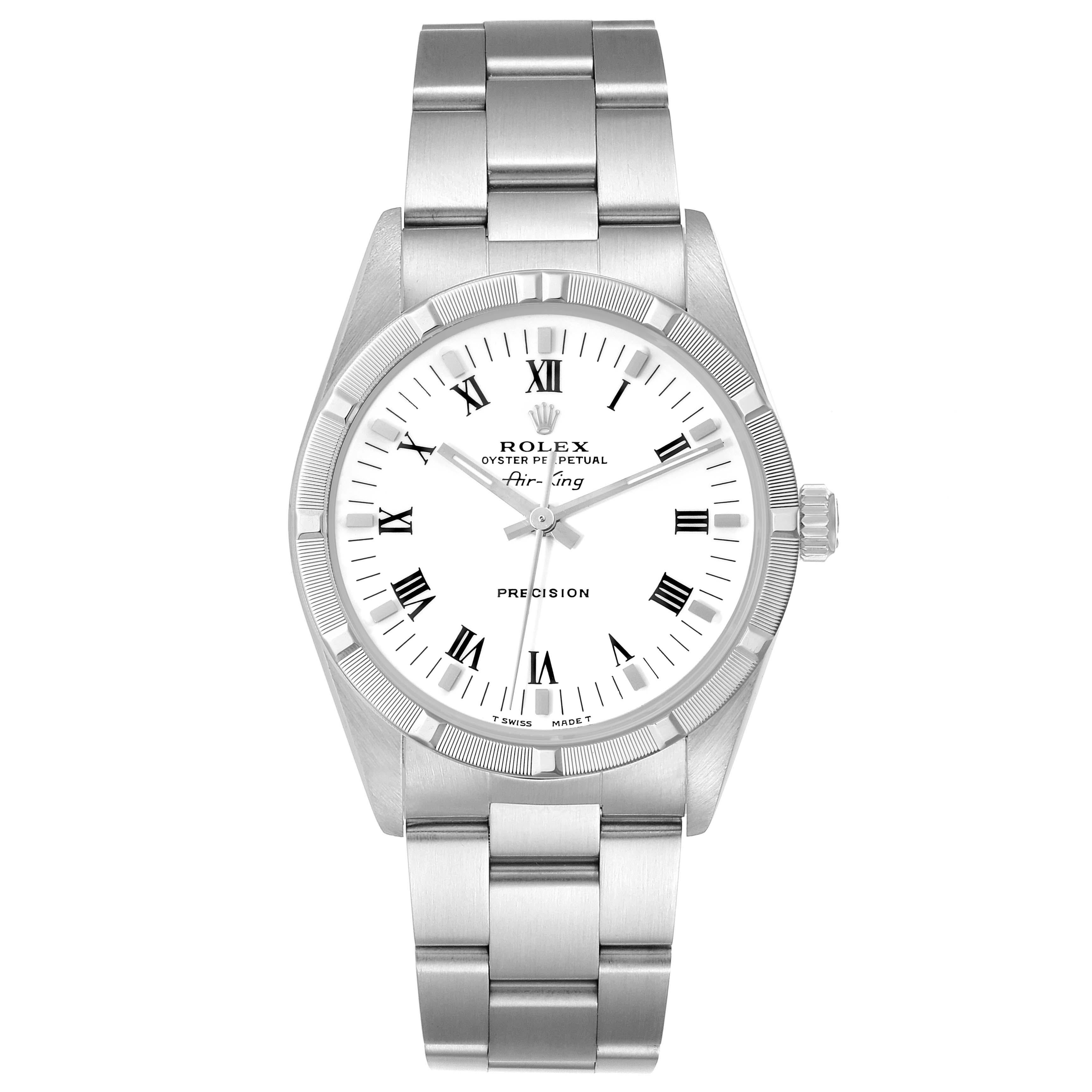 Rolex Air King 34mm White Roman Dial Steel Mens Watch 14010. Automatic self-winding movement. Stainless steel case 34.0 mm in diameter. Rolex logo on a crown. Stainless steel engine turned bezel. Scratch resistant sapphire crystal. White dial with