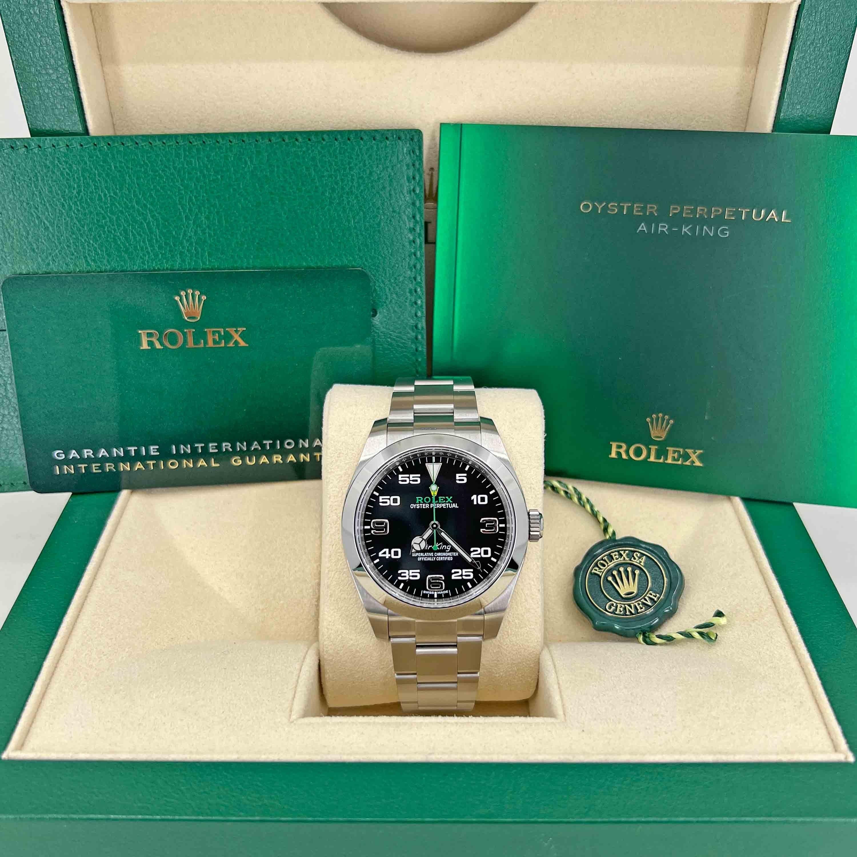 Unworn Rolex Air-King 116900-0001, 40 mm. The watch has Black Dial. The Case is Oystersteel. Movement 3131, Manufacture Rolex, Approximately 48 hours power reserve. The Bracelet Oystersteel with Folding Oysterclasp with Easylink 5 mm comfort
